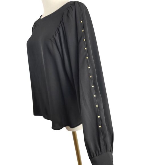 Gap X-Small Black Blouse Semi Sheer Long Double Slit Sleeves with Gold Nailheads - Picture 9 of 14
